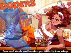 1girls afro alcohol animal_on_head anklehighs beer beer_mug bird bird_on_head brand_name_imitation breasts brown_eyes brown_hair censored dark_skin diner earrings employee_uniform erect_nipples female food hairband hoop_earrings hooters invisible_man jewelry large_breasts loose_socks mary_(pop'n_music) name_tag no_panties onion_rings pantyhose piercing pop'n_music sex shoes short_shorts shorts smile sneakers socks socks_over_pantyhose solo_focus tank_top torn_clothes torn_pantyhose torn_shorts uniform vaginal_penetration waitress white_socks yagio