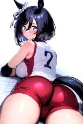 ai_generated animal_ears ass black_hair blue_eyes breasts eishin_flash_(umamusume) female hair_accessory hairclip horse_girl sportswear umamusume umamusume_pretty_derby valleygirl