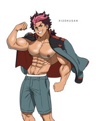 abs bara biceps clothed clothing flexing flexing_arms flexing_bicep forearms grin guel_jeturk gundam jacket jacket_on_shoulders kizokusan male male_only muscle muscles muscular muscular_male pecs pink_hair shorts smile solo tan_body