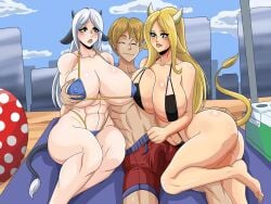 1boy 1boy2girls 2girls big_ass big_breasts bikini blonde_hair breasts_bigger_than_head ccow_girl city_background cow_horns erect_nipples_under_bikini female grope groping_ass hand_on_breast hand_on_butt male multiple_girls muscles muscular_female muscular_male