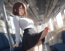 ai_generated erect_penis erection erection_under_skirt exposed_penis futanari penis_growth penis_under_skirt shocked_expression surprised surprised_expression train_interior