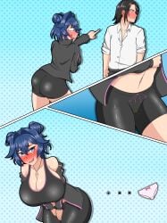 ... 1boy 1girls ass bangs belly belly_button black_hair blue_eyes blue_hair blush blush_lines clothed clothed_female clothed_male comic ellie_(my_story_animated) embarrassed embarrassed_female female female_focus hair_bun jacket large_ass large_breasts laugh male massaq_oekaki my_story_animated navel norman_(my_story_animated) panties peeing peeing_self short_hair shorts simple_background sports_bra sportswear teasing textless thick_thighs underwear youtube