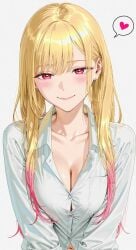 1girls ai_generated blonde_hair blush breasts cleavage earrings kitagawa_marin lipstick long_hair medium_breasts multicolored_hair pink_eyes sono_bisque_doll_wa_koi_wo_suru white_background white_shirt white_skin