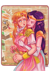 a_link_between_worlds blonde_hair blue_eyes breast_grab breasts brown_hair female gloves hat headdress hylian interracial link link_(a_link_between_worlds) lorulian multiple_girls nintendo nipples nosebleed painting princess_hilda princess_zelda purple_hair red_eyes sideboob the_legend_of_zelda tongue tunic voyeur yuri zelda_(a_link_between_worlds)