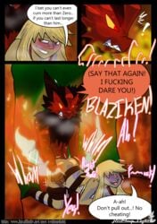 2014 anal anal_sex angry anthro ass avian beak bird blaziken blonde_hair blush chicken claws closed_eyes clothing comic dialog doggy_style drooling english_text female fire from_behind fur glowing_eyes grin hair human interspecies long_hair looking_back male mega_blaziken mega_evolution nintendo open_mouth penetration pokemon pokemon_(species) pokephilia red_eyes redimplight rough_sex saliva sex smile straight sweat taunting text tongue video_games