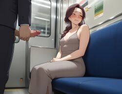 ai_generated big_penis embarrassed embarrassed_female exhibitionism exhibitionist exposed_penis flashing_penis looking_away sexual_harassment train_interior