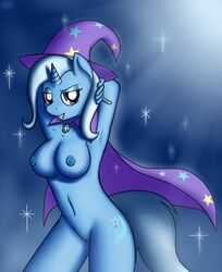 2013 anthro anthrofied arms_behind_head blue_hair breasts cape cutie_mark devs-iratvs equine female friendship_is_magic hair hat horn horse looking_at_viewer my_little_pony nipples nude pony purple_eyes pussy smile sparkles star trixie_(mlp) unicorn wizard_hat