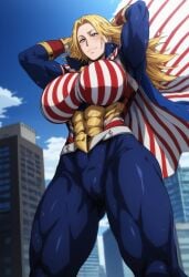 ai_generated big_ass big_breasts big_hips big_thighs blonde_hair bodysuit cameltoe female female_focus female_only from_below huge_breasts kikia1 long_hair muscles muscular_female my_hero_academia patreon standing star_and_stripe_(my_hero_academia) superheroine tagme tagme_(artist)