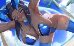 1girls beach bent_over big_breasts blue_eyes blue_hair blush bowtie breasts bunny_ears bunny_tail bunnysuit cameltoe cleavage clothed creatures_(company) dark-skinned_female dark_hair dark_skin game_freak haska_(user_gure4787) leotard long_hair looking_at_viewer multicolored_hair nessa_(pokemon) nintendo nipple_bulge outdoors palm_tree pokemon pokemon_ss sidelocks sky smile solo sweat sweaty_breasts thighhighs watermark