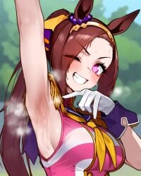 ai_generated animal_ears armpits brown_hair female hair_accessory hairband horse_girl ponytail purple_eyes sakura_bakushin_o_(umamusume) sweat sweaty sweaty_armpits umamusume umamusume_pretty_derby