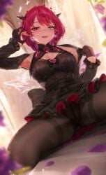 1girls :d alternate_costume armpits ass_visible_through_thighs bed_sheet black_bow black_pantyhose black_shirt black_skirt blue_eyes blurry blurry_foreground bob_cut bow breasts cameltoe chest_bow cleavage_cutout clothes_grab clothing_cutout crystal_wings curtains depth_of_field detached_sleeves double_halo earrings fangs female female female_only flower flower_earrings halo heterochromia highres hololive hololive_english indoors irys_(hololive) jewelry kneeling large_breasts looking_at_viewer medium_hair miniskirt mismatched_earrings open_mouth padoruu paid_reward_available pantyhose pink_eyes pointy_ears purple_flower red_hair shirt short_hair sitting skirt smile solo spread_legs star-shaped_pupils star_(symbol) star_halo steaming_body sweat symbol-shaped_pupils teeth thighband_pantyhose upper_teeth_only upskirt virtual_youtuber