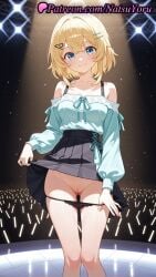 1girls ai_generated anime anime_style ass_visible_through_thighs audience bangs bare_shoulders black_panties black_skirt blonde_hair blue_eyes blush breasts bust busty cleft_of_venus closed_mouth clothes_lift collarbone concert crossed_bangs crowd exhibitionism feet_out_of_frame female female_focus female_only flashing glowstick hair_between_eyes hair_clips hair_ornament hairclip heart hentai hi_res high_quality high_resolution highres labia lifted_by_self long_sleeves looking_at_viewer medium_breasts medium_hair mem-cho natsuyoru off-shoulder_shirt off_shoulder oshi_no_ko paipan panties pantsu panty_pull patreon pleated_skirt public_indecency puffy_long_sleeves puffy_sleeves pulled_by_self pussy ribbon shirt short_hair skirt skirt_lift smile solo solo_female spotlight stadium stage stage_lights standing thigh_gap thighs uncensored underwear vagina voluptuous voluptuous_female