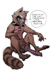 anthro anthro_only balls big_penis body_hair cigarette concosive dialogue erection genitals guardians_of_the_galaxy hairy_balls hi_res holding_cigarette holding_object knot long_penis long_tongue looking_at_viewer male mammal marvel penis presenting presenting_penis procyonid pubes raccoon rocket_raccoon sitting solo speech_bubble talking_to_viewer tongue