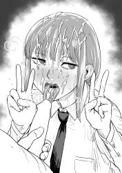 1boy 1boy1girl 1girls after_sex black_and_white blush business_attire business_suit business_woman chainsaw_man cum_in_mouth cum_on_face dick double_peace_sign expressionless facial fellatio female fully_clothed kaiman_garupan looking_away makima_(chainsaw_man) male office_clothing office_lady oral oral_sex panting peace_sign penis red_hair tie