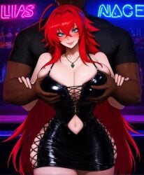 1boy 1girls ai_generated bare_arms bare_legs bare_shoulders bare_thighs big_breasts blue_eyes blush color dark-skinned_male dark_skin female grabbing_breasts hand_on_breast hi_res high_school_dxd interracial large_breasts light-skinned_female light_skin long_hair looking_at_viewer male male/female muscles muscular muscular_male netorare ntr randoai red_hair rias_gremory thick_thighs