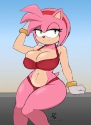 1girls 2d amy_rose big_breasts bra breasts cleavage curvy dpronin female female female_only gloves green_eyes hairband hand_on_head panties pink_fur sega sitting smile solo solo_female sonic_(series) tagme