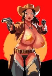 1girls 2d :3 bangs belly belly_button belt belt_buckle big_breasts bikini_bottom brown_hair cat_smile chaps cowboy_hat dog_tags dot_eyes dual_wielding female female_only fingers glistening glistening_body glistening_eyes gun gun_holsters holster huge_breasts jacket large_breasts leggings light-skinned_female light_skin long_hair long_hair_female long_sleeves looking_at_viewer mmmikedaya mob_face mutou_yoshiko_(mmmikedaya) narisokonai_(mmmikedaya) necklace open_mouth original_character pasties red_dead_online red_dead_redemption_(series) red_dead_redemption_2 revolver solo solo_female star_pasties sunset tagme thick_thighs thighhighs thighs