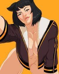 1girls 2024 abs animal_ears athletic_female big_breasts black_hair blake_belladonna bob_cut breasts cat_ears cat_girl catgirl cleavage color convenient_censoring digital_drawing_(artwork) dylan_macri faunus female female_focus female_only half_naked implied_nudity implied_relationship jacket jacket_only jacket_open kemonomimi light-skinned_female light_skin lips looking_at_viewer muscular muscular_female naked naked_female no_bra no_panties nude nude_female rwby short_hair simple_background tagme thick_thighs thighs toned toned_female toned_stomach yellow_eyes