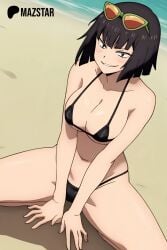 assassin beach bikini bikini_bottom bikini_top black_hair bob_cut collar half-dressed half_naked high_resolution highres looking_at_viewer mazstar micro_bikini obiguro obiguro_(sakamoto_days) pale-skinned_female pale_skin red_bikini sakamoto_days sunglasses sunglasses_on_head tagme