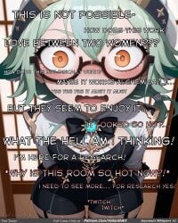 ai_generated bangs bare_shoulders black_legwear black_panties blush breasts closed_mouth collarbone collared_dress collared_shirt comic comic_cover comic_page english_text eula_(genshin_impact) eyebrows_visible_through_hair fake_cover female glasses gloves green_hair hair_between_eyes hentai holding indoors large_breasts long_hair long_sleeves manga medium_breasts multicolored_hair necktie open_mouth orange_eyes panties pantyhose pantyhose_pull raiden_shogun shirt short_sleeves sleeveless sleeves_past_wrists small_breasts smile solo standing striped sucrose_(genshin_impact) tail tail_raised underwear velianthart white_dress white_shirt window wing_collar yae_miko