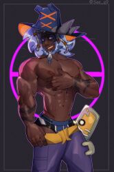1boy abs artist_name bara biceps dark-skinned_male facial_hair hat male male_focus male_only muscular muscular_arms muscular_chest muscular_male navel nipples pants pants_down pants_pull pastelin_(pokemon_armonia) pecs pectorals pokemon_armonia sae_q9 shirtless solo solo_male topless topless_male underwear