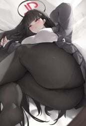 1girls absurdres artist_name ass bangs big_ass big_breasts black_and_red_halo black_blazer black_coat black_hair black_jacket black_panties black_pantyhose black_skirt black_underwear blazer blue_archive blunt_bangs blush blush_lines blushing_at_viewer breasts coat eyebrows_visible_through_hair hair_ornament hairclip hairpin halo hand_in_own_hair highres huge_ass huge_breasts id_card jacket large_ass large_breasts light-skinned_female light_skin long_hair looking_at_viewer lying lying_on_side millennium_science_school_logo_(blue_archive) millennium_science_school_student on_side panties panties_under_pantyhose pantyhose pleated_skirt red_eyes ribbed_sweater rio_(blue_archive) seminar_(blue_archive) seminar_president skirt solo student_council_president sweater thick_thighs thighs tol10131 turtleneck turtleneck_sweater underwear very_long_hair white_sweater