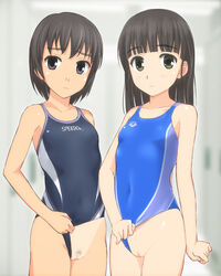 2girls black_eyes black_hair female long_hair looking_at_viewer multiple_girls original pubic_hair purple_eyes pussy standing swimsuit swimsuit_aside takafumi tanline uncensored