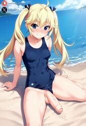 1futa ai_generated balls beach big_penis blonde_hair blue_eyes blush clothing cock dickgirl flaccid foreskin futa_only futanari grisaia_(series) grisaia_no_kajitsu huge_cock light-skinned_futanari light_skin long_hair looking_at_viewer matsushima_michiru ocean outdoors penis precum roxygtf sand sitting sky small_breasts solo sweat sweating sweaty_body swimsuit twintails