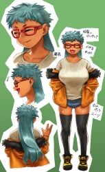 big_breasts black_leggings blue_hair cute_fang dark-skinned_female dark_skin grey_sweater hands_in_pockets huge_breasts large_breasts long_hair long_hair_female mmmikedaya narisokonai_(mmmikedaya) nipple_bulge nipples nipples_visible_through_clothing red_glasses short_shorts smiling squinted_eyes sweater yellow_shoes