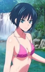 1girls bare_shoulders blue_eyes blue_hair cleavage looking_at_viewer medium_breasts pink_bikini short_hair small_breasts smile smiling_at_viewer string_bikini waterfall wet_skin