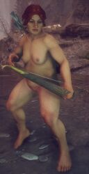 casual chubby dragon_age_the_veilguard dwarf_female feet female freckles freckles_on_face freckles_on_shoulders ginger lace_harding muscular_arms nudist pale_skin thick_thighs weapon