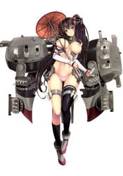 absurdres ammunition armor ayakawa_riku black_hair black_legwear breasts cameltoe detached_sleeves female highres kantai_collection large_breasts mecha_musume nipples no_bra panties parasol pink_eyes pink_panties ponytail single_thighhigh thighhighs thighhighs_pull tied_hair turret umbrella underwear yamato_(kantai_collection)