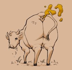 2021 2_horns anus ass bovid bovine cattle eating eating_grass fart fart_cloud female feral grass heart_symbol hooves horn jubb looking_back mammal plant quadruped rear_view signature simple_background solo tail tail_tuft tan_background tuft