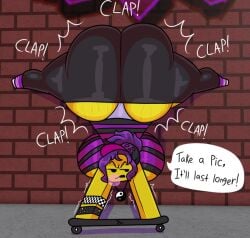 2025 background baseball_cap big_ass big_breasts black_hat blowing_bubblegum brick_wall bubble bubblegum dialogue hat large_ass large_breasts lavender_panties looking_annoyed panties pink_panties purple_hair purpsk8rgal_(gardesnorela) roblox roblox_avatar robloxian skateboard skater skater_girl twerking velvettebat yellow_skin