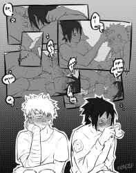 2boys absurdres after_sex amputee bandaged_arm bandages blush commentary embarrassed english_commentary english_text erection facial_mark fellatio french_kiss grabbing_another's_hair highres holding_another's_hair implied_sex kissing kissing_neck looking_at_another male_focus moaning multiple_boys naruto_(series) oral outline remembering short_hair themidnights0ng uchiha_sasuke uzumaki_naruto whisker_markings yaoi