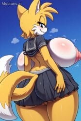 ai_generated ass_focus big_ass big_breasts big_nipples black_shirt black_skirt blush breasts_apart breasts_bigger_than_head breasts_out female female_only fox furry huge_breasts mobian_(species) mobians.ai orange_fur orange_skin pussy rule_63 sonic_(series) sonic_the_hedgehog_(series) tails tails_the_fox tailsko