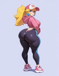 1girls ai_generated baseball_cap blonde_hair breasts female female_only gym_clothes hoodie large_breasts light-skinned_female light_skin mario_(series) nintendo princess_peach sneakers solo thick_thighs thighs thong_underwear wide_hips