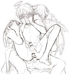 2boys anal anal_sex angel angel_wings bar_censor barefoot blush breath covering_face covering_self demon_boy demon_horns feet from_behind full-face_blush gay gintama gintoki_sakata hair_over_one_eye halo monochrome reverse_upright_straddle sitting_on_lap sitting_on_person small_penis soles takasugi_shinsuke wings yaoi yunfa