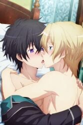 2boys 5_fingers absurdres aesthetic anime anime_screencap athletic_male bangs black_hair blonde_hair blue_eyes blush break depth_of_field dominant duo flushed hair_between_eyes hamefura high high_quality indoors keith_claes kiss knee_hug laying_on_bed leg_hug looking_at_each_other male male_dominating male_only mates mouth_to_mouth nicol_ascart official on_bed open_clothes open_mouth open_topwear otome_game_no_hametsu_flag_shika_nai_akuyaku_reijou_ni_tensei_shite_shimatta purple_eyes quality scenery short_hair style submissive topless very_high_resolution