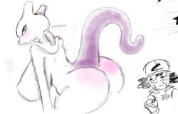 1girls artist_name ass bending_over breasts coryhen_(artist) fat_ass legendary_pokemon mewtwo pokemon pokemon_(species) satoshi_(pokemon) tail