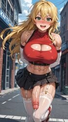 1futa 1futanari abs ai_generated arms_behind_back armwear bare_midriff big_breasts big_penis black_bottomwear black_skirt blonde_hair breasts_together cleavage cleavage_cutout crop_top erect_nipples_under_clothes futa_sans_balls futanari garter_straps green_eyes hair_between_eyes hanging_penis highleg_panties intersex lace-trimmed_legwear legwear messy_hair miniskirt muscular_arms muscular_futanari muscular_thighs navel open_mouth_smile panties panty_straps penis penis_under_clothes penis_under_skirt pleated_skirt precum_drip red_topwear shiny_skin skirt_lift smile_at_viewer sneakers solo_futa stable_diffusion standing_on_one_leg street tiny_waist tomboy very_long_hair walking_towards_viewer waving_at_viewer white_armwear white_legwear white_panties