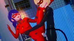 1boy 1girls 3d adrien_agreste alterego blonde_hair blonde_hair_male blue_eyes blue_hair blue_hair_female bodysuit cat_ears cat_noir green_eyes koikatsu ladybug_(character) marinette_cheng marinette_dupain-cheng masked masked_female masked_male miraculous_ladybug orgasm penis public public_sex pussy sex tail torn_bodysuit