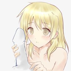 blonde_hair blush bust dan_ball female hidamari_sketch highres huge_cock long_hair miyako nude nude_female penis white_background