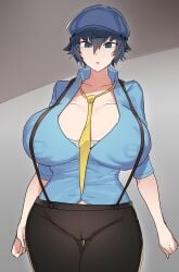 big_breasts blue_eyes blue_hair nipple_bulge nipples_visible_through_clothing patimon patimon816 persona persona_4 shirogane_naoto suspenders tie