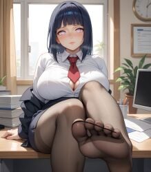 ai_generated bangs black_hair black_pantyhose blue_skirt blush dark_hair eogard_orc feet_in_stockings foot_fetish foot_focus horny horny_female huge_breasts hyuuga_hinata looking_at_viewer naruto naruto_(series) office office_clothing office_lady on_desk pantyhose presenting_foot purple_eyes red_tie self_upload sitting stable_diffusion thick_thighs white_shirt