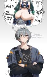 android android_girl ass facesitting green_hair grey_hair police police_officer policewoman qingyi_(zenless_zone_zero) question short_hair soba11_(artist) tagme thought_bubble thoughts twintails wise_(zenless_zone_zero) zenless_zone_zero