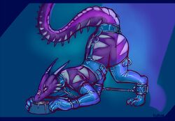 anthro ass blue_body blue_dragon body_markings bondage bound collar cuffs cum cum_in_mouth cum_inside digitigrade dragon forced gloves hindpaw humiliation leash male male_only markings nude obedience paws pet raventhan reptile rubber scalie sex_slave shiny slave solo spread_legs spreading turbinedivinity western_dragon