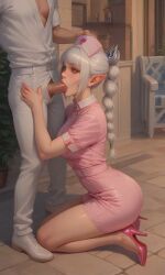 1boy ai_generated baldur's_gate_3 blowjob female hand_on_head high_heels kneeling nurse nurse_uniform shadowheart white_hair