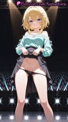 1girls ai_generated anime anime_style ass_visible_through_thighs audience bangs bare_shoulders black_panties black_skirt blonde_hair blue_eyes blue_shirt blush bow bow_panties breasts bust busty cleft_of_venus closed_mouth clothes_lift collarbone concert crossed_bangs crowd exhibitionism feet_out_of_frame female female_focus female_only flashing glowstick groin hair_between_eyes hair_clips hair_ornament hairclip hentai hi_res high_quality high_resolution highres labia lace_trim lifted_by_self long_sleeves looking_at_viewer medium_breasts medium_hair mem-cho natsuyoru off-shoulder_shirt off_shoulder oshi_no_ko paipan panties pantsu panty_pull patreon public_indecency pussy pussy_peek shirt short_hair skirt skirt_lift smile solo solo_female spotlight stage stage_lights standing thighs uncensored underwear vagina voluptuous voluptuous_female