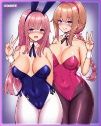 2girls amane_hibiki_(magical_girl_celesphonia) bare_shoulder bare_shoulders big_boobs big_breasts big_tits blue_eyes blue_eyes_female blush blushing blushing_at_viewer blushing_female boobs breasts bunny bunny_costume bunny_ear bunny_ears bunny_girl bunny_suit bunny_tail bunnygirl bunnysuit celesphonia_(magical_girl_celesphonia) enishia enishia_and_the_binding_brand eyebrows_visible_through_hair hourglass_figure hourglass_figured_female huge_boobs huge_breast huge_tits large_boobs large_breasts large_tits licking_lips long_hair long_hair_female looking_at_viewer magical_girl magical_girl_celesphonia no_bra open_mouth pantyhose pink_hair pink_hair_female pointy_chin purple_eyes purple_eyes_female simple_background thick_thighs thighs tits v_sign vinbee white_collar